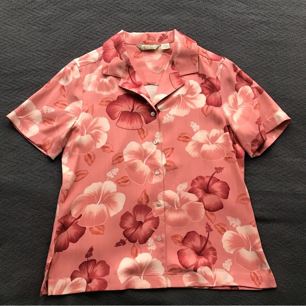 Vintage Tommy Bahama 100% Silk Pink Hibiscus Floral Tropical Blouse Small